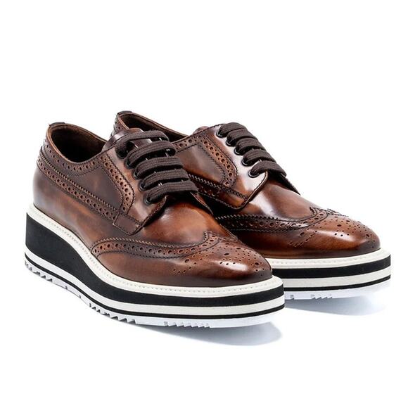 Prada Brogue-Trim Platform Oxford Loafer Brown - 9 - Picture 1 of 4
